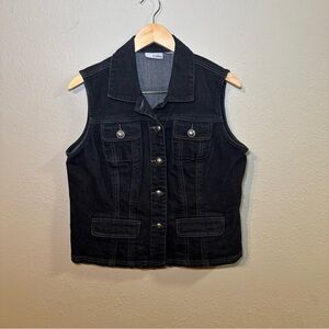 Chicos Vest Womens Platinum Button Up Denim Spread Collar Black Pockets